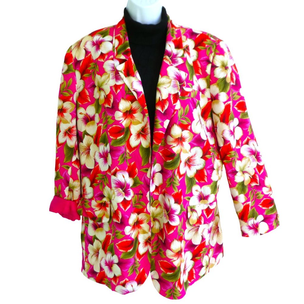 Vintage Hawaiian Pink Floral Blazer Jacket Satin Lined Leslie Fay Sportswear 12